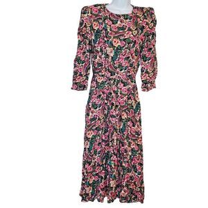 Vintage 80s Floral Paisley Midi Dress 14 Puff Sleeves Pleated Yoke Pink Green
